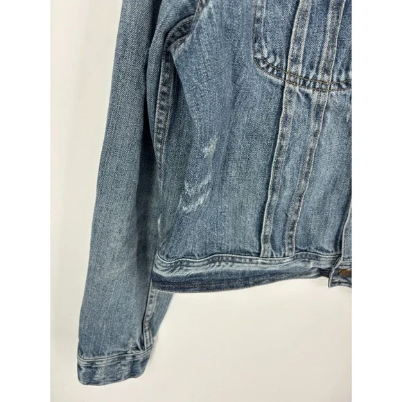 Ralph Lauren Sport Jean Jacket Womens Medium Denim Cropped Trucker Distressed - Picture 5 of 11